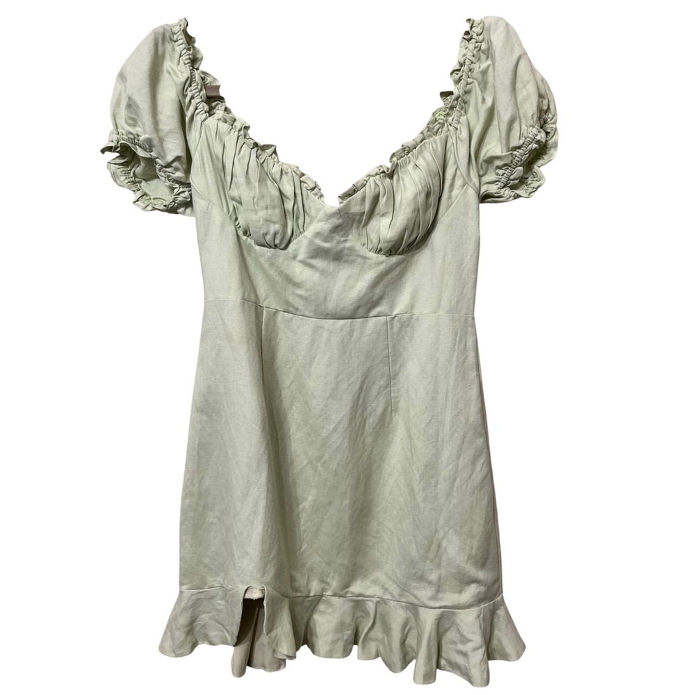 Here Comes The Sun Pistachio Green Milkmaid Mini Dress Puff Sleeve Size M NEW
